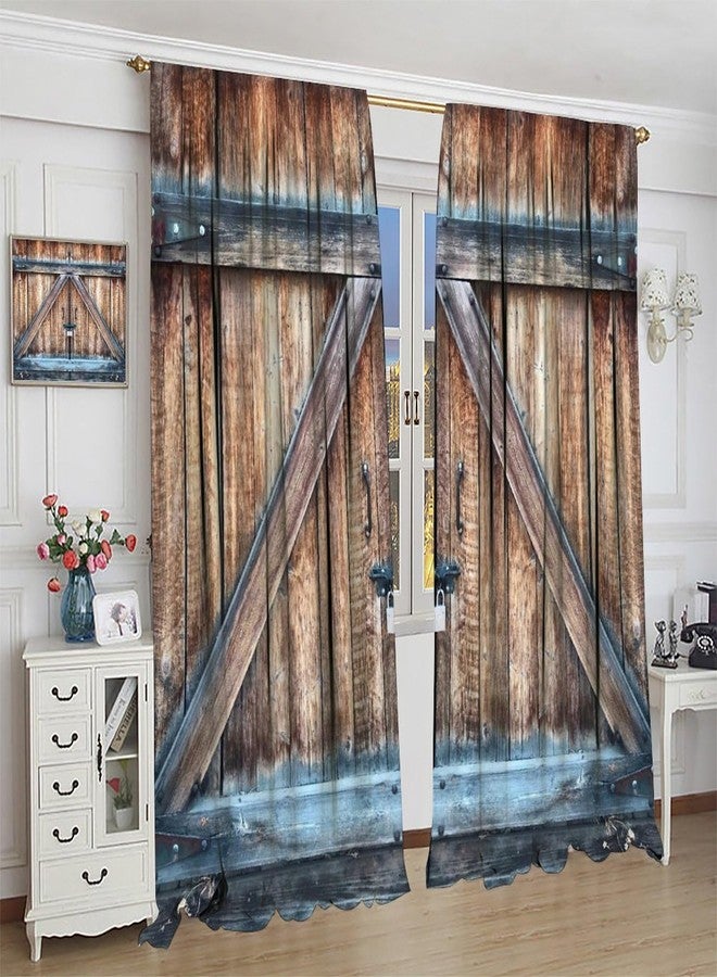 LOMADIA Rustic Country Kitchen Curtains, Retro Farmhouse Vintage Barn Door Wooden Board Pattern 2 Panels Window Rod Pocket DecorateCurtain for Bedroom Living Room Drapes 42x45in - Image 3